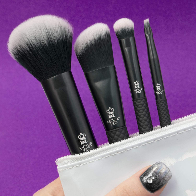 [Australia] - MODA Pro Full Size Everyday 5pc Makeup Brush Set with Pouch, Includes - Multi-Purpose Powder, Angle Foundation, Domed Shadow, and Angle Eyeliner Brushes, Black 