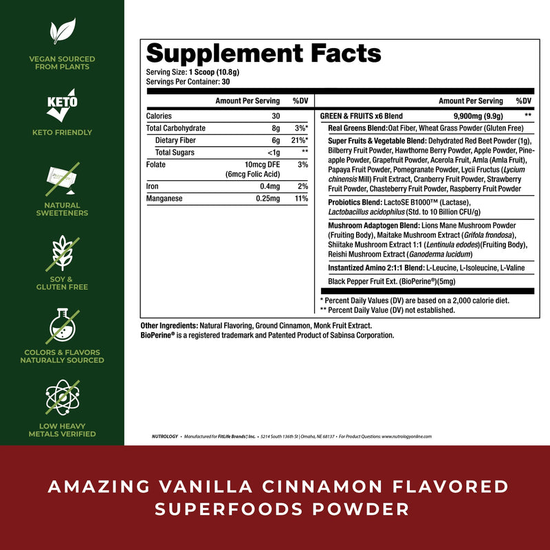 [Australia] - Greens & Fruits-Naturally Sourced Fruits, Vegetables, Greens, Beet Powder & Mushroom Blend - Probiotics, Digestive Enzymes, Fiber, Antioxidants, Immune Support - Vanilla Cinnamon-30 Servings 