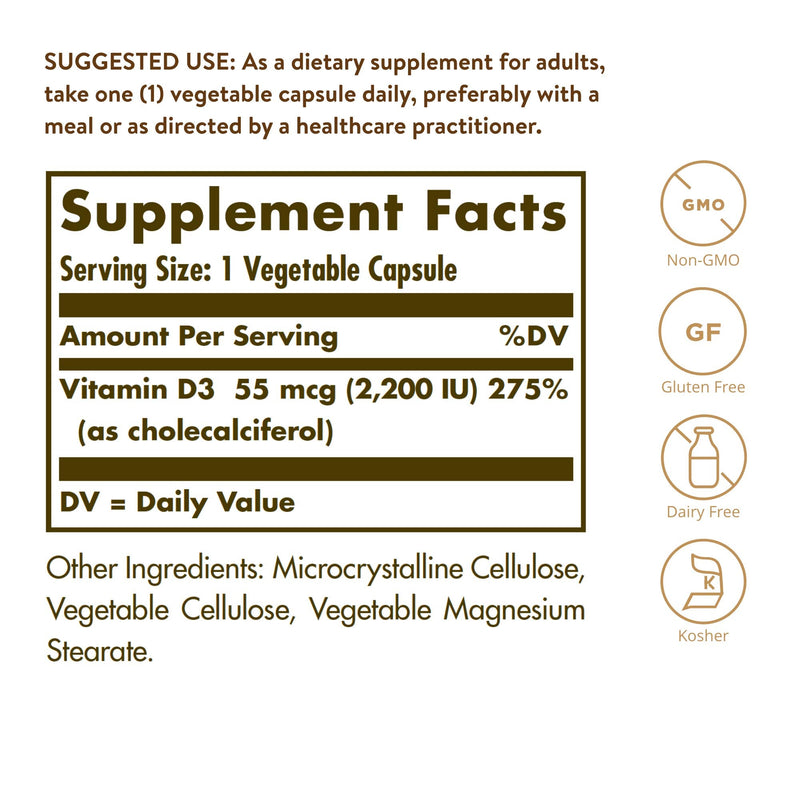 [Australia] - Solgar Vitamin D3 (Cholecalciferol) 55 mcg (2200 IU) Vegetable Capsules - 100 Count 