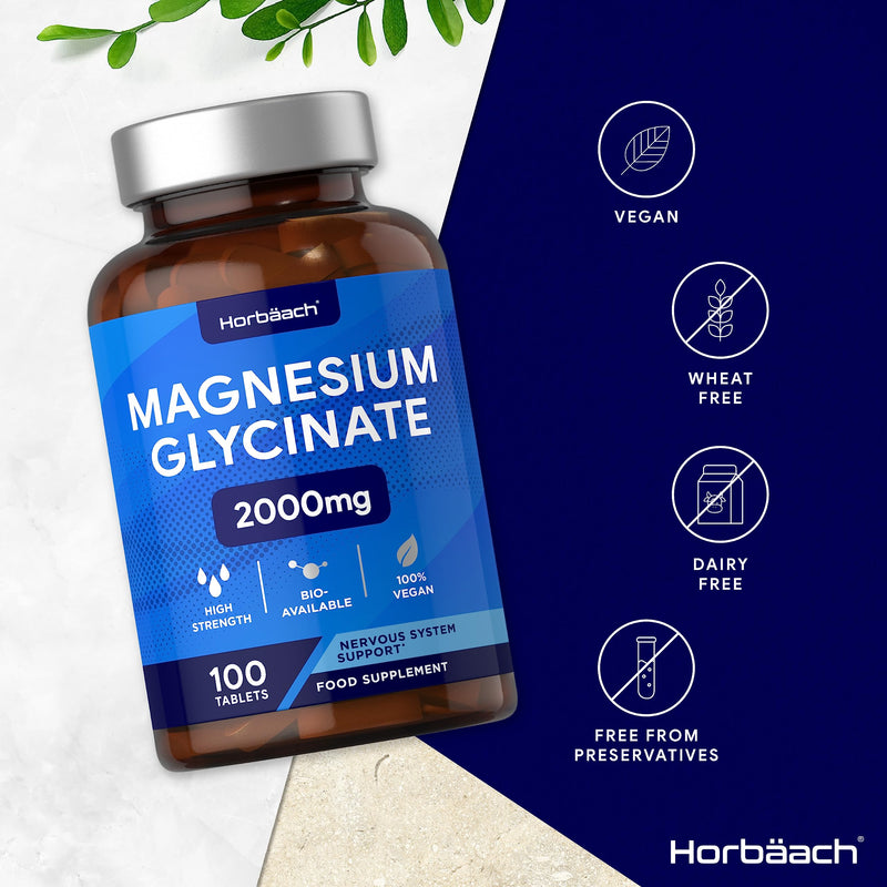 [Australia] - Magnesium Glycinate Supplement | 2000mg | 100 Vegan Tablets | High Strength Providing 400mg of Elemental Magnesium | Nervous System Support | by Horbaach 