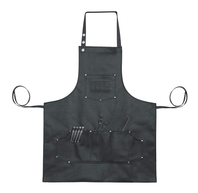 [Australia] - Facón Professional Leather Hair Cutting Hairdressing Barber Apron Cape for Salon Hairstylist - Multi-use, Adjustable with 6 Pockets - Heavy Duty Premium Quality - Limited Edition - 28" x 24" (Black) 