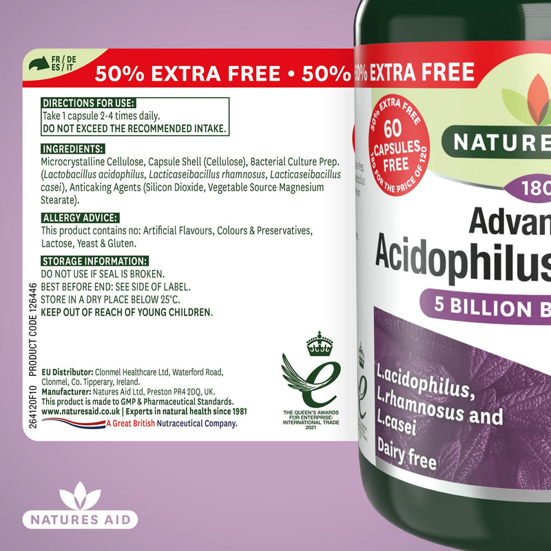 [Australia] - Natures Aid Acidophilus Complex, 5 Billion Bacteria, 180 Capsules (Lactobacillus Acidophilus, Lactobacillus Rhamnosus, Lactobacillus Casei, Good Bacteria, Shelf Stable, Vegan Society Approved) 