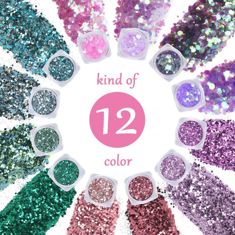 [Australia] - URAQT Chunky Glitter, 12 Colors Festival Glitter, Nail Glitter Powder, Holographic Cosmetic Glitter for Face Body Eye Hair Nail and DIY Art 12Color#A 
