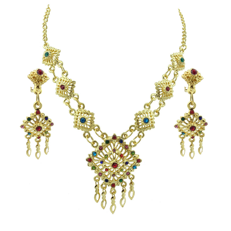 [Australia] - Siwalai Thai Traditional Gold Plated Multicolor Crystals Necklace Earrings Bracelet Jewelry Set 18 Inches 