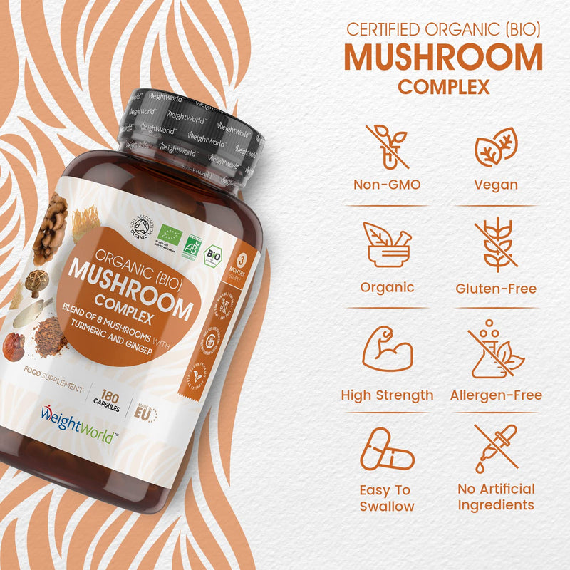[Australia] - Organic Mushroom Complex 8 - 1000mg – 180 Vegan Mushroom Capsules - 8 Mushrooms Blend (Lion's Mane, Reishi, Chaga, Cordyceps, Shitake, Oyster, Maitake, Coprius) with Turmeric & Ginger – Non-GMO 