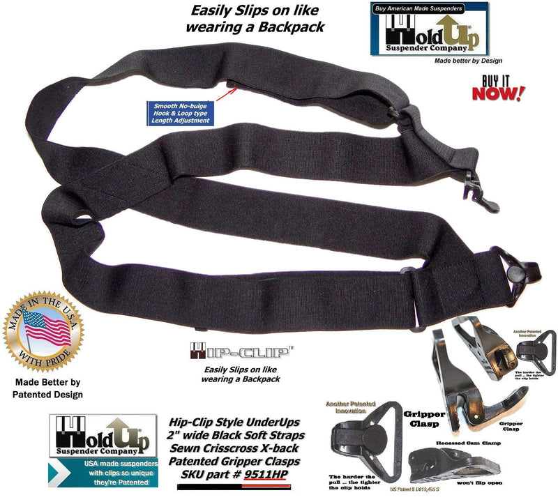 [Australia] - USA Made Holdup Brand Black 2" Hip-clip Style No-Buzz Suspenders Patented Gripper Clasps 