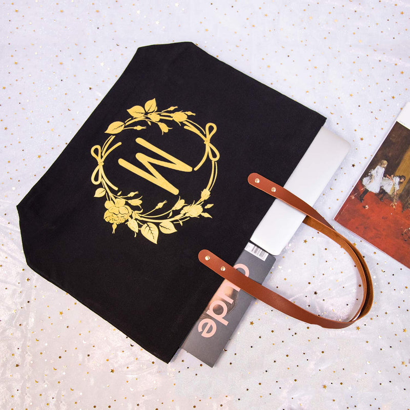 [Australia] - ElegantPark Birthday Gifts for Women Personalized Monogrammed Gifts Bag Monogram M Initial Bags and Totes for Wedding Gifts Teacher Gifts Bag with Pocket Black Canvas Tote Bag 