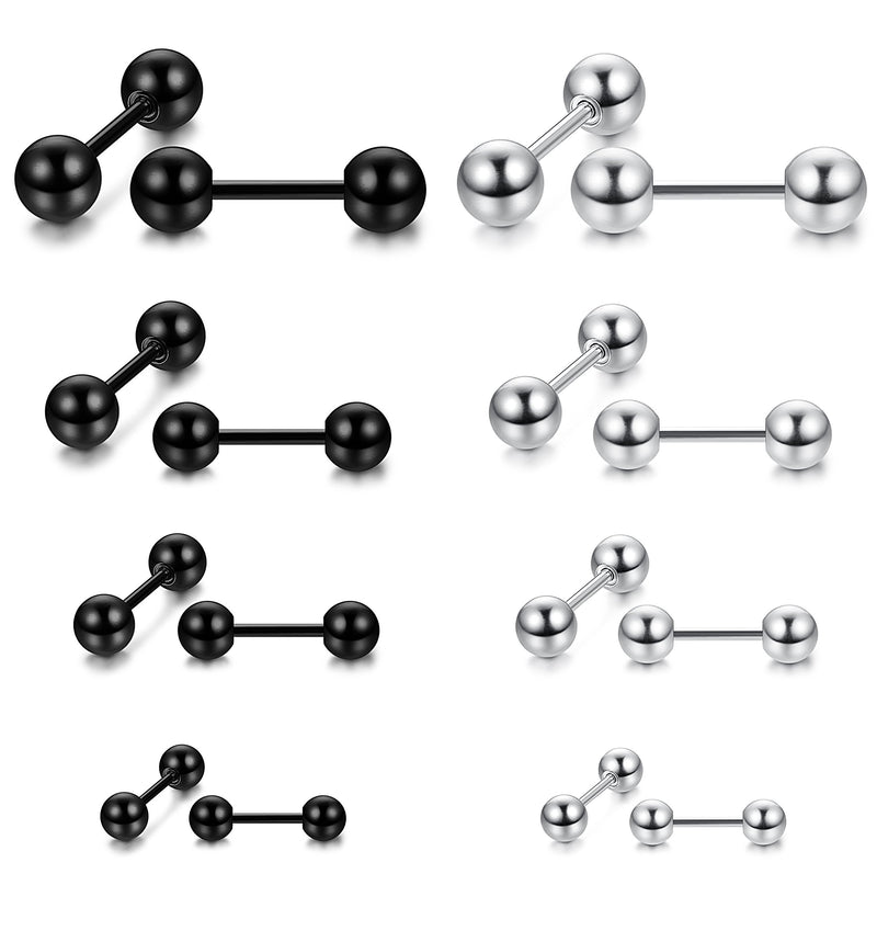 [Australia] - LOYALLOOK 8 Pairs Stainless Steel Ball Stud Earrings Barbell Cartilage Helix Ear Piercing 3-6mm 2 Colors 18G (4 pairs white+4 pairs black) 