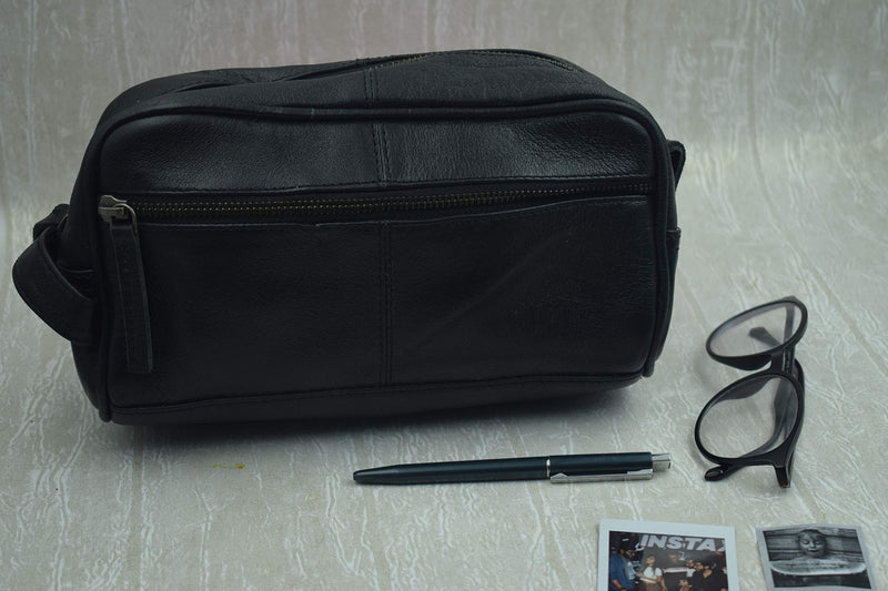 [Australia] - Overdose -Genuine Buff Leather Black Travel Toiletry Bag Organizer, Shower Dopp Kit Store All Your Travel Toiletries in Style 