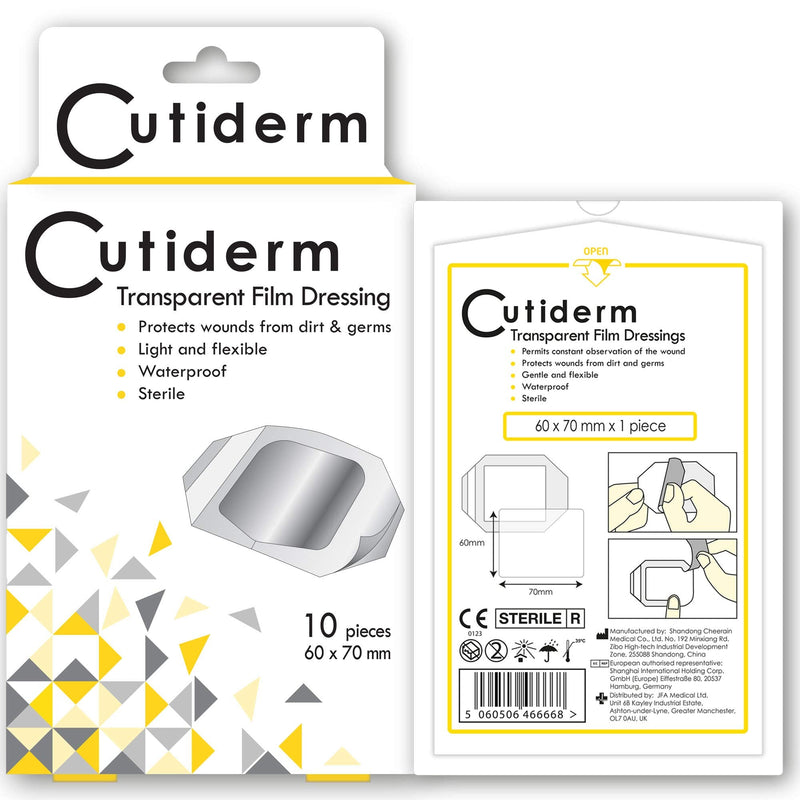 [Australia] - Pack of 10 Cutiderm Transparent Film Adhesive Sterile Wound Dressings 60mm x 70mm - Tattoo, Wounds, Abrasions 10 Count (Pack of 1) 