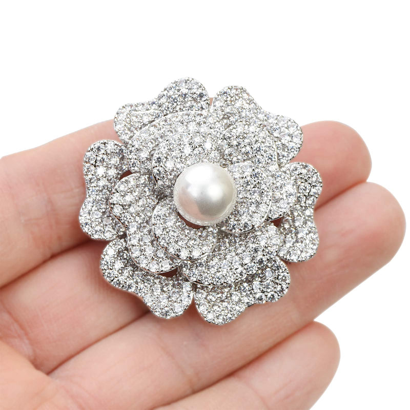 [Australia] - Freshwater Pearl Hollow Out Crystal Rose Camellia Flower Brooch Pins Brass Micro Pave Rhinestone Blooming Floral Bridal Wedding Bouquet Jewelry 