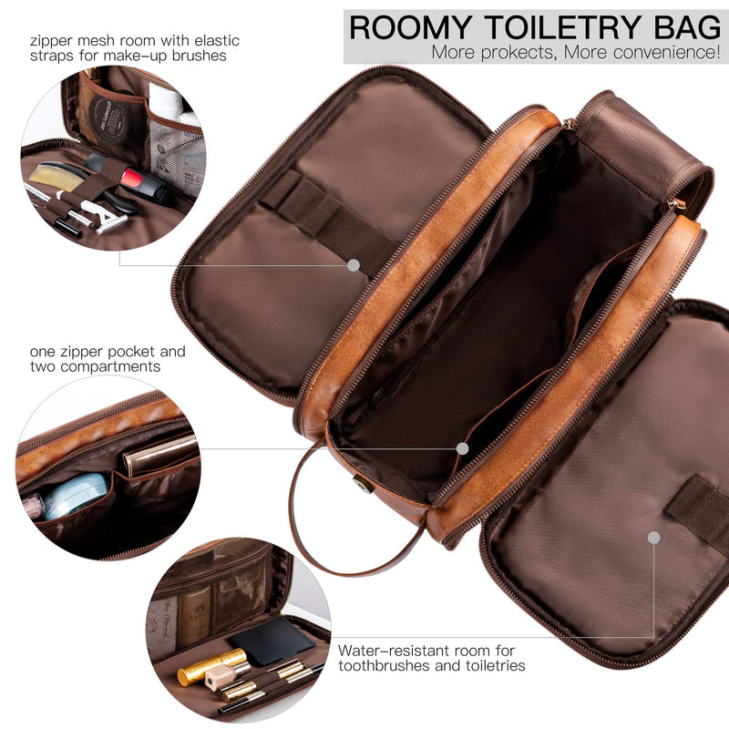 [Australia] - Elviros Toiletry Bag for Men, Large Travel Shaving Dopp Kit Water-resistant Bathroom Toiletries Organizer PU Leather Cosmetic Bags Brown 