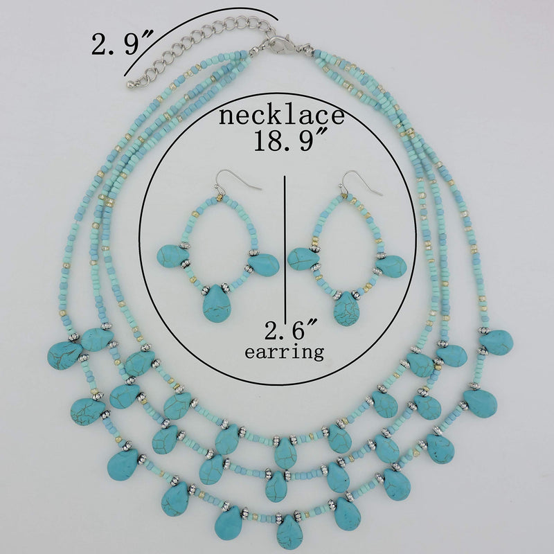 [Australia] - COIRIS Statement Simulated Turquoise Beads 3 Strand Necklace Set for Women with Earrings (N0043) N0043 