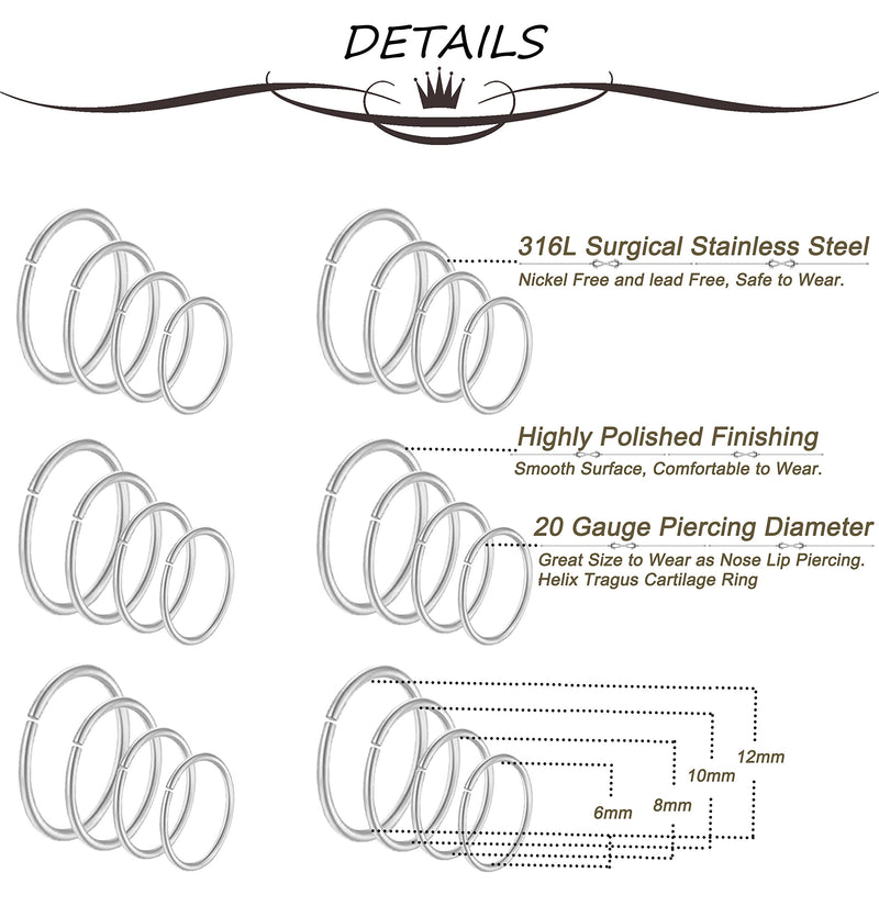 [Australia] - Masedy 24Pcs 20G 316L Stainless Steel Nose Rings Hoop Tragus Cartilage Helix Piercing Lip Septum Ring 6-12MM Bendable A: 24Pcs Silver 