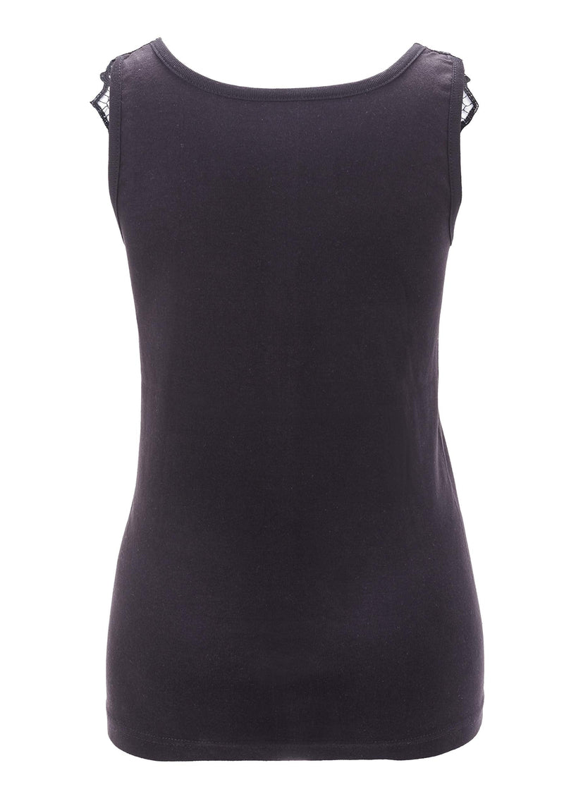 [Australia] - Maria Angel Ladies Plain Cotton Wide Strap Vest Top Lace Trim Neck Design Cami Tank Camisole 18-20 Black 