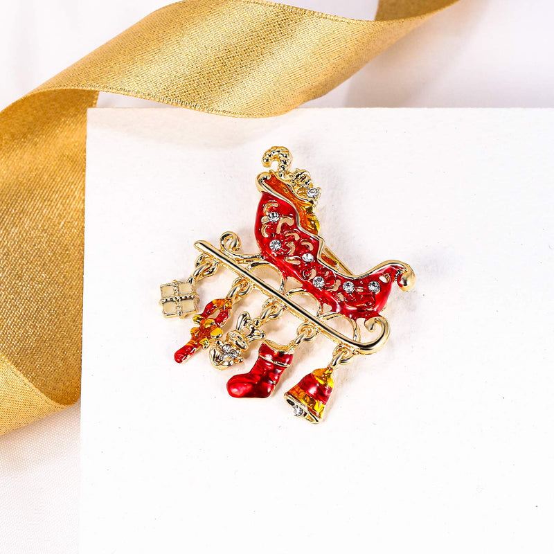 [Australia] - EVER FAITH Austrian Crystal Enamel Sleigh Car Candy Cane Stocking Gift Box Brooch Red Gold-Tone 