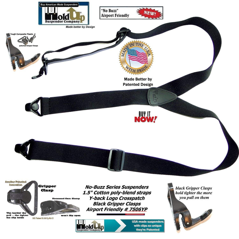 [Australia] - Holdup Suspender Company's No-buzz Airport Friendly All Black Y-back Suspenders with Patented composite plastic Gripper Clasps 