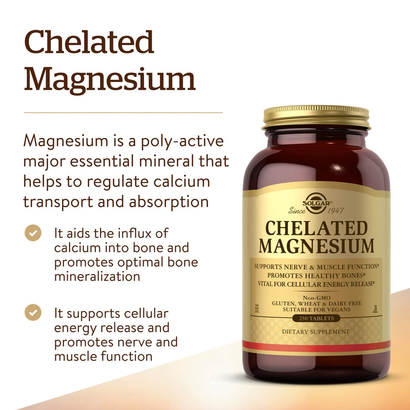 [Australia] - Solgar Chelated Magnesium, 250 Tablets - Supports Nerve & Muscle Function - Promotes Healthy Bones - Vital for Cellular Energy Release - Non-GMO, Vegan, Gluten Free, Dairy Free - 62 Servings 