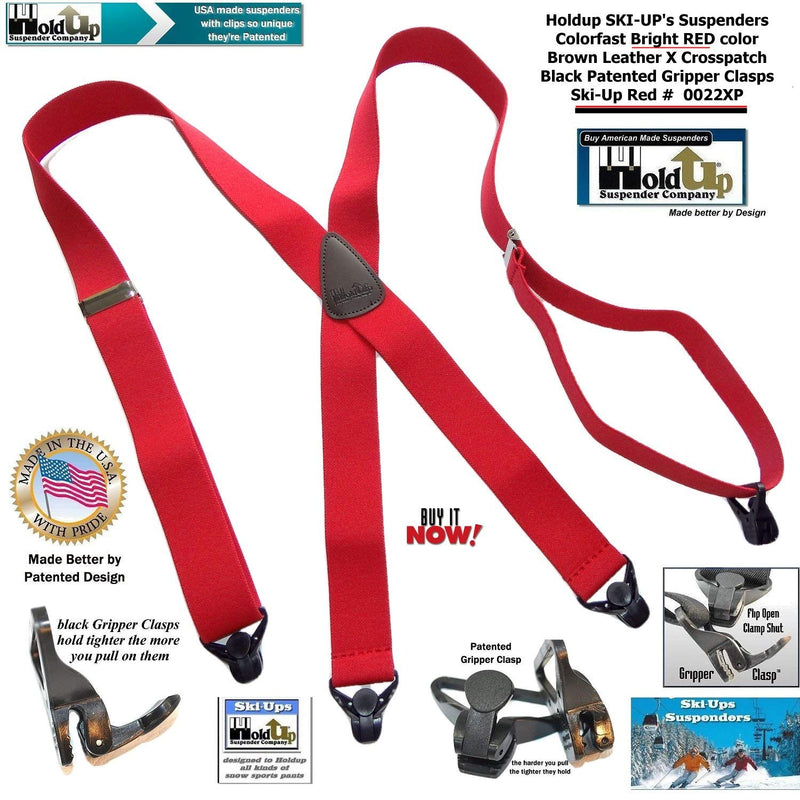 [Australia] - USA Made HoldUp Brand Ski-Ups series bright RED X-back Suspenders with Patented Black Gripper Clasps in 1 1/2" width 