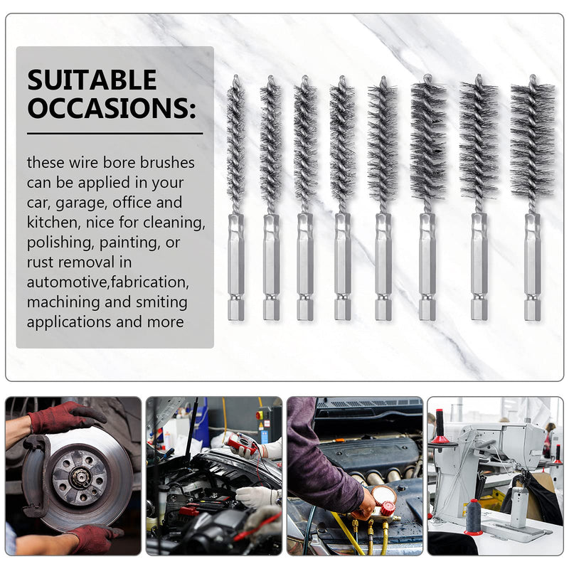 [Australia] - 8 Pieces Wire Brush Drill Bore Cleaning Brush Set with 1/4 Inch Hex Shank Stainless Steel Wire Twisted Brush for Drill Impact Driver, 8 Sizes Silver 