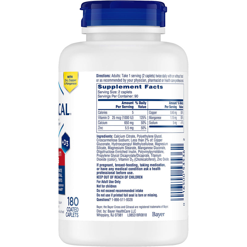 [Australia] - Citracal Maximum Plus Highly Soluble, Easily Digested, 630 mg Calcium Citrate With 1000 IU Vitamin D3, Bone Health Supplement for Adults, Caplets, 180 Count 