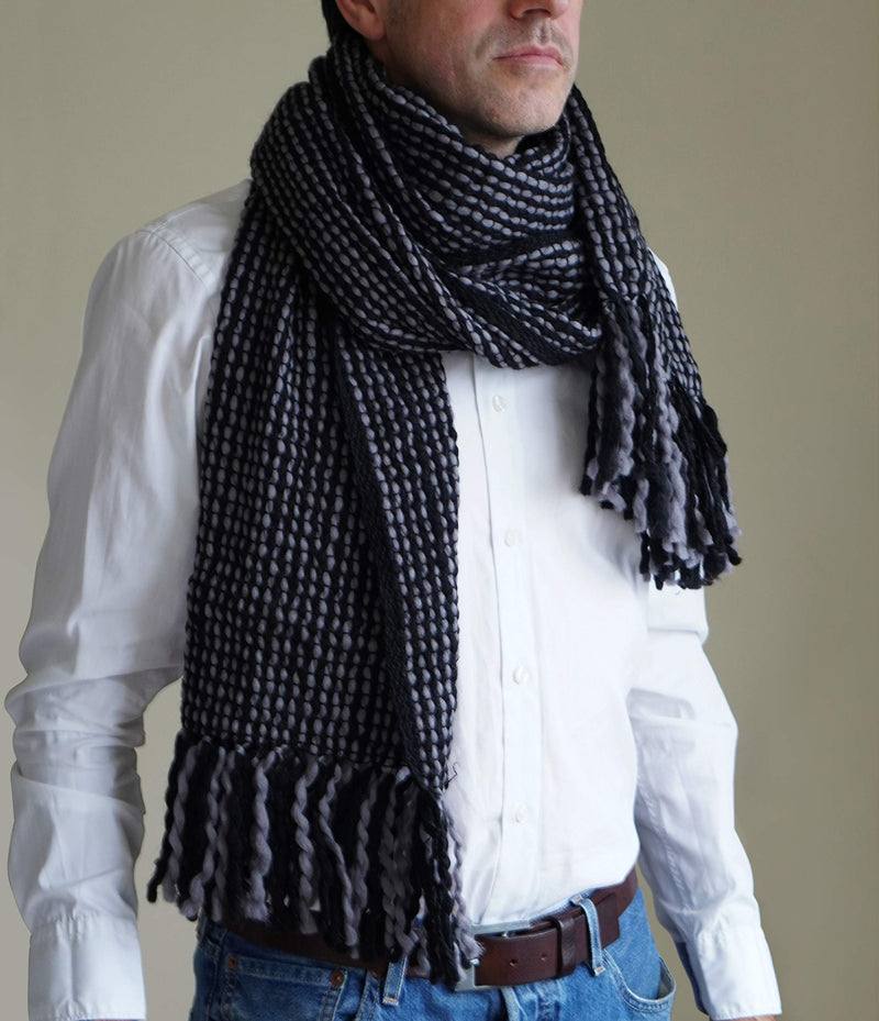 [Australia] - Tumia LAC - Striped Thick, Extra Long Luxurious Scarf - Handmade and Very Warm - Unisex 8 Foot Black and Grey 