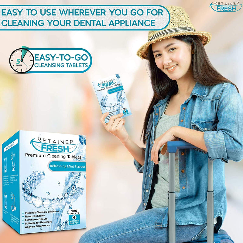 [Australia] - Retainer Cleaning Tablets - 120 Tablets 4 Months Supply Retainer Fresh, Brite, and Stain-Free - Retainer Cleaner Tablet, Invisalign, Mouth Guard, Dentures, Aligners 120 Count (Pack of 1) 