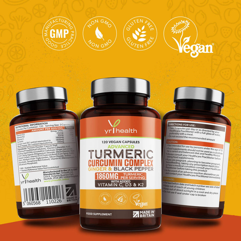 [Australia] - Turmeric Capsules High Strength 1860mg with Black Pepper, Ginger, Vitamin C & D for Immune System & Joints Plus K2 Mk7 - 120 Vegan Capsules Premium Turmeric Curcumin – Made in The UK by YrHealth 