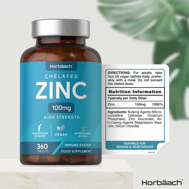 [Australia] - Chelated Zinc Supplement 100mg | 360 Vegan Tablets | High Strength Zinc Gluconate | for Immunity, Skin, Hair, Nails and Bones | No Artificial Preservatives | by Horbaach 