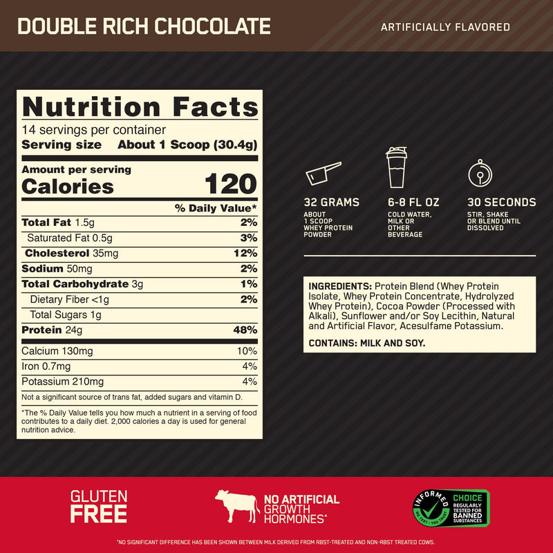 [Australia] - Optimum Nutrition Gold Standard 100% Whey Protein Powder, Double Rich Chocolate (1 lb.), Package may vary 