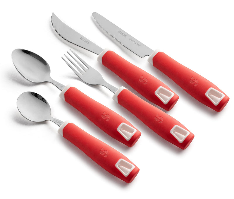 [Australia] - Special Supplies Adaptive Utensils 5-Piece Set Non-Weighted, Non-Slip Handles for Hand Tremors, Arthritis, Parkinson’s or Elderly Use - Stainless Steel Knife, Rocker Knife, Fork, Spoons - Red 