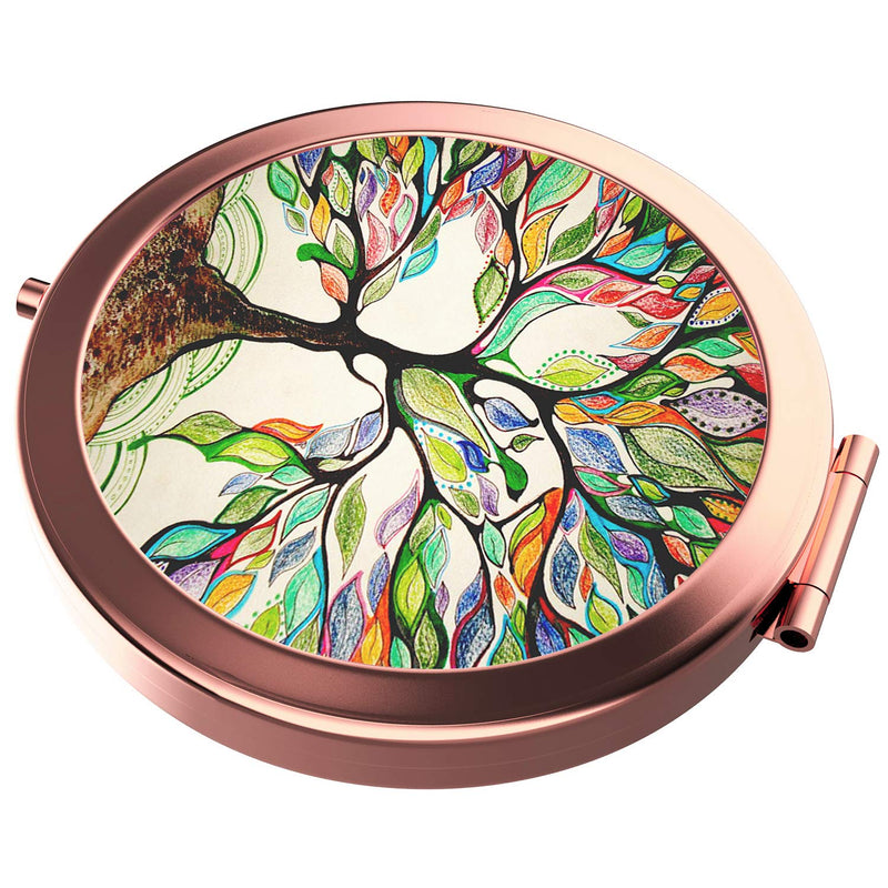[Australia] - HeaLife Life Tree Makeup Mirror [New Version] Rose Gold Travel Purse Mirror Compact Double Sides 2x & 1x Magnification Hand Mirror Metal Round Bohemian Mirror for Women and Girls 
