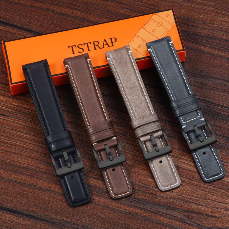 [Australia] - TStrap Leather Watch Band 20mm - Soft Brown Quick Release Watch Strap Replacement - Square Tail Smart Watch Bands for Men Women - Men’s Watch Bracelet Clasp Buckle - 18mm 20mm 22mm Black/Black Clasp 