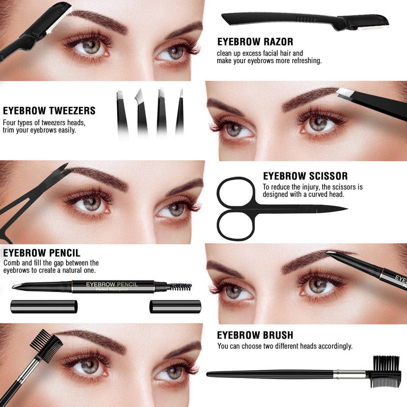 [Australia] - Eyebrow Kit, 8in1, Multipurpose Tweezers for Women – Brows Shaping, Grooming, Threading, Trimming Set Includes Razor, Pencil, Scissors and Brush 