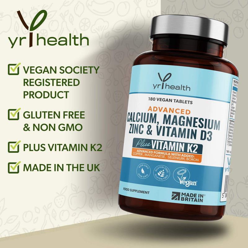 [Australia] - Calcium, Magnesium, Zinc and Vitamin D Plus Vitamin K2 MK-7 Tablets - Osteo Supplement - Vegan Tablets not Capsules 180 Count - Made in The UK by YrHealth 