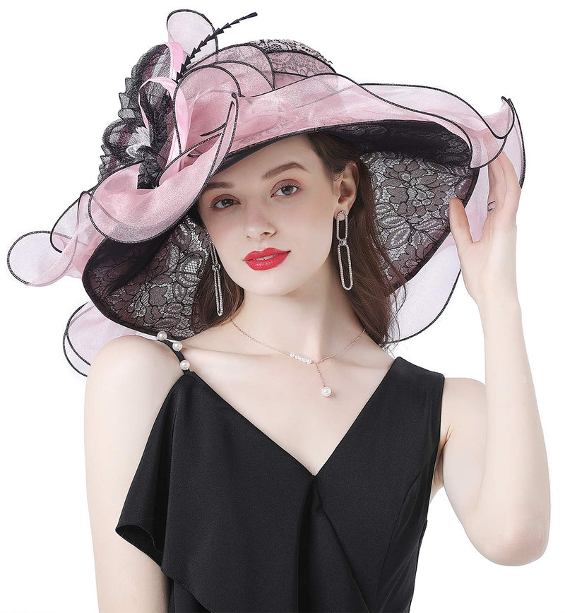 [Australia] - Z&X Women Kentucky Derby Church Hat Organza Flower Wide Brim Fascinator Hats for Wedding Tea Party, Dual-use 2002- Pink 