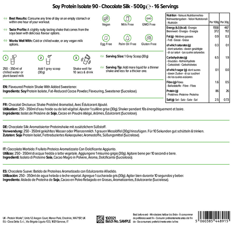 [Australia] - Soy Protein 90 (Isolate) Protein Powder | 100% Plant-Based | Low Fat | No Added Sugar | Gluten-Free | Protein Works | Chocolate Silk | 500 g 