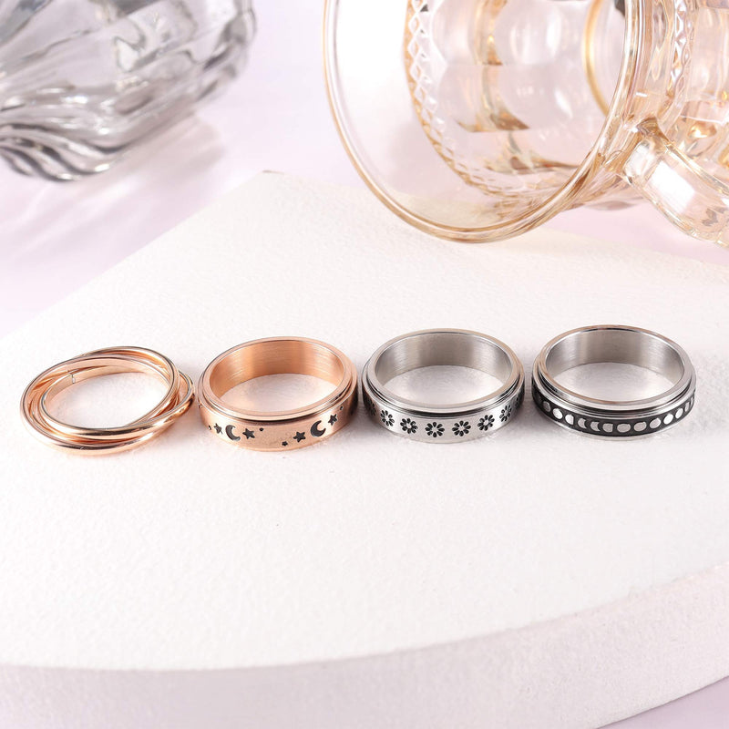 [Australia] - FUNRUN JEWELRY 4 Pcs Stainless Steel Spinner Ring for Women Mens Fidget Band Rings Moon Star Celtic Stress Relieving Wide Wedding Promise Rings Set 5-12 