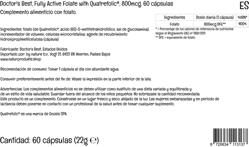 [Australia] - Doctor's Best, Fully Active Folate with Quatrefolic (Folic Acid), 800mcg, 60 Vegan Capsules, Laboratory Tested, Gluten Free, SOYA Free, Vegetarian, Non-GMO 