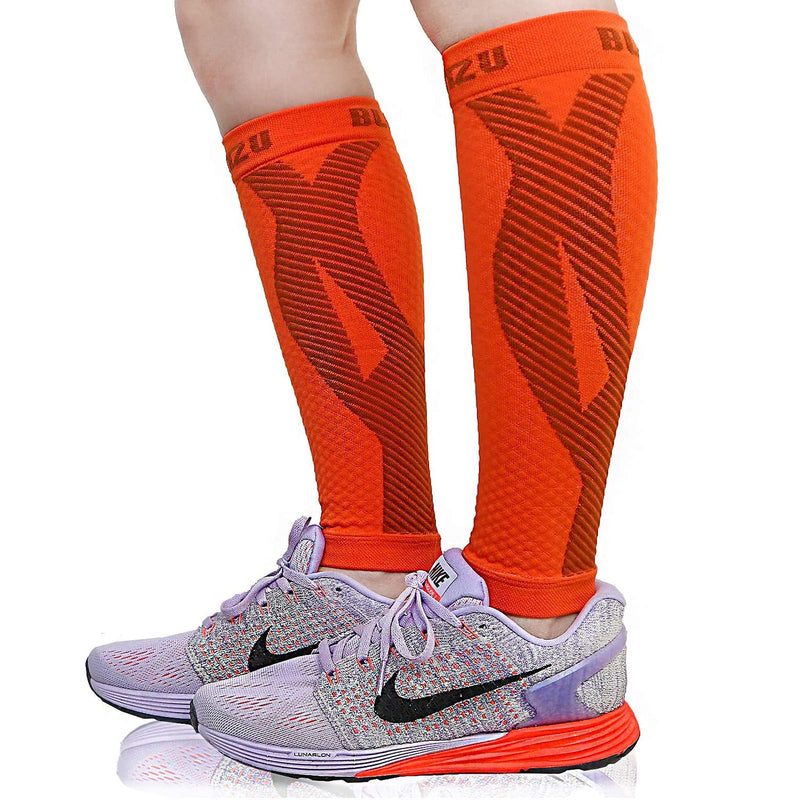 [Australia] - BLITZU 3 Pairs Calf Compression Sleeves for Women and Men Size S-M, One Orange, One Black, One White Calf Sleeve, Leg Compression Sleeve for Calf Pain and Shin Splints. Footless Compression Socks. 