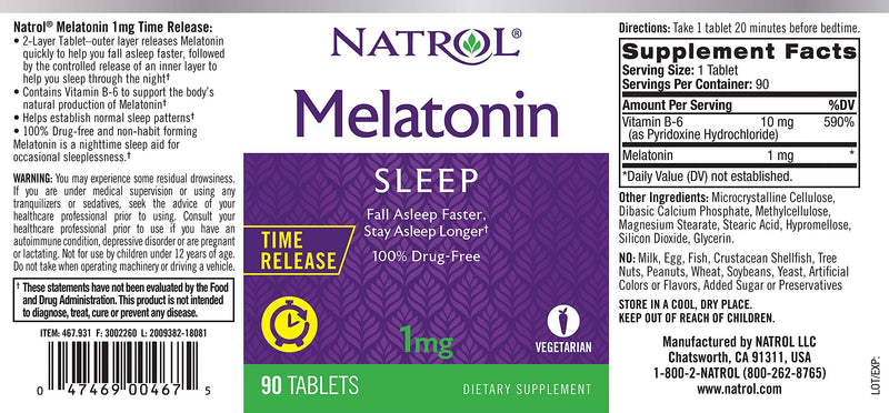 [Australia] - Natrol Melatonin Time Release Tablets, Helps You Fall Asleep Faster, Stay Asleep Longer, Strengthen Immune System, 100% Vegetarian, 1mg, 90 Count 90 Count (Pack of 1) 