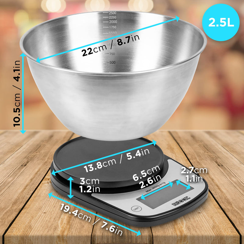 [Australia] - Duronic Kitchen Scales with Bowl for Baking KS5000BK/SS Digital Postal Parcel Weighing Scale 5KG Capacity Tare 1g Precision Stainless Steel 2.5L Bowl Black 
