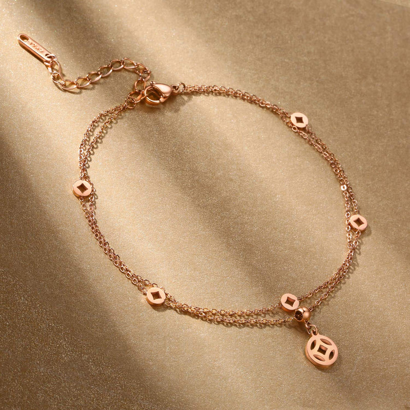 [Australia] - PAPAGENA Stylish Layered Ankle Bracelets for Women Adjustable Titanium Steel Link Rose Gold Plated Anklets Gift Coins Design Layered Anklet 