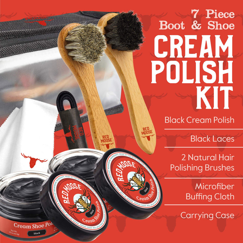 [Australia] - Full Leather Shoe Polish Kit – 2x Brush, Buffing Cloth, Travel Case, Laces - Red Moose Black 