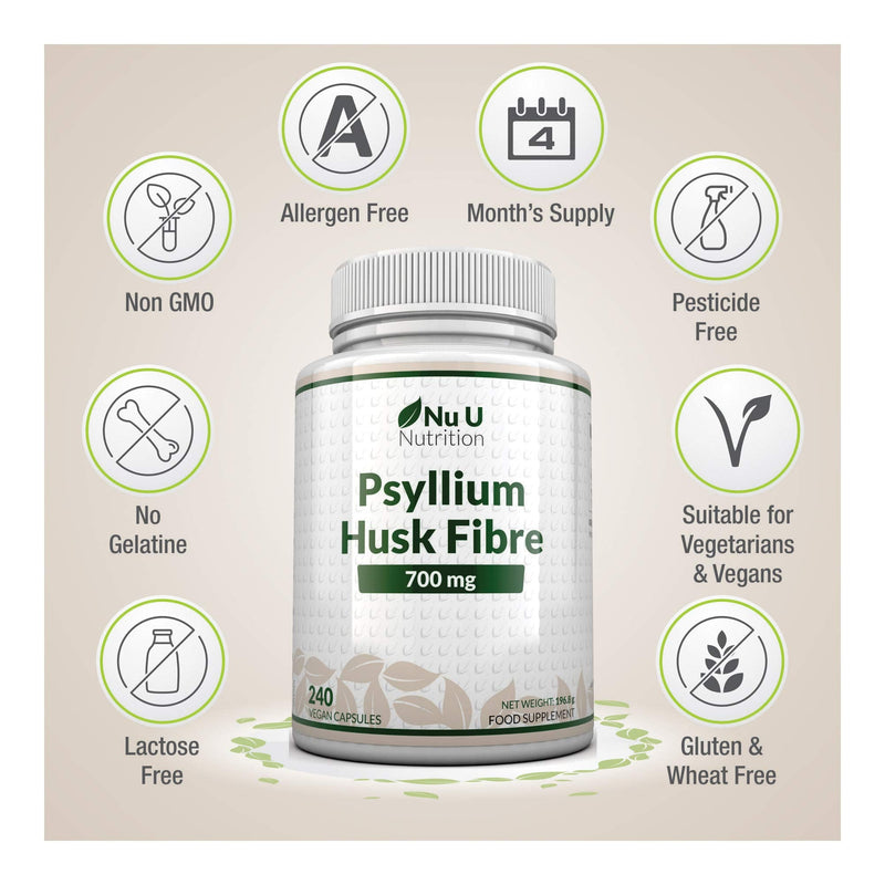 [Australia] - Psyllium Husk 1400mg - 240 Vegan Capsules - 700mg per Capsule - Natural Prebiotic Fibre Supplement from Plantago Ovata Seeds - Ispaghula Husk - Made in The UK 