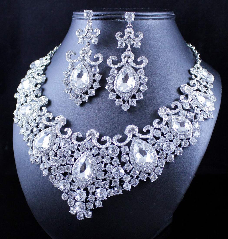 [Australia] - STUNNING CLEAR AUSTRIAN RHINESTONE CRYSTAL NECKLACE EARRINGS SET N12187 SILVER 