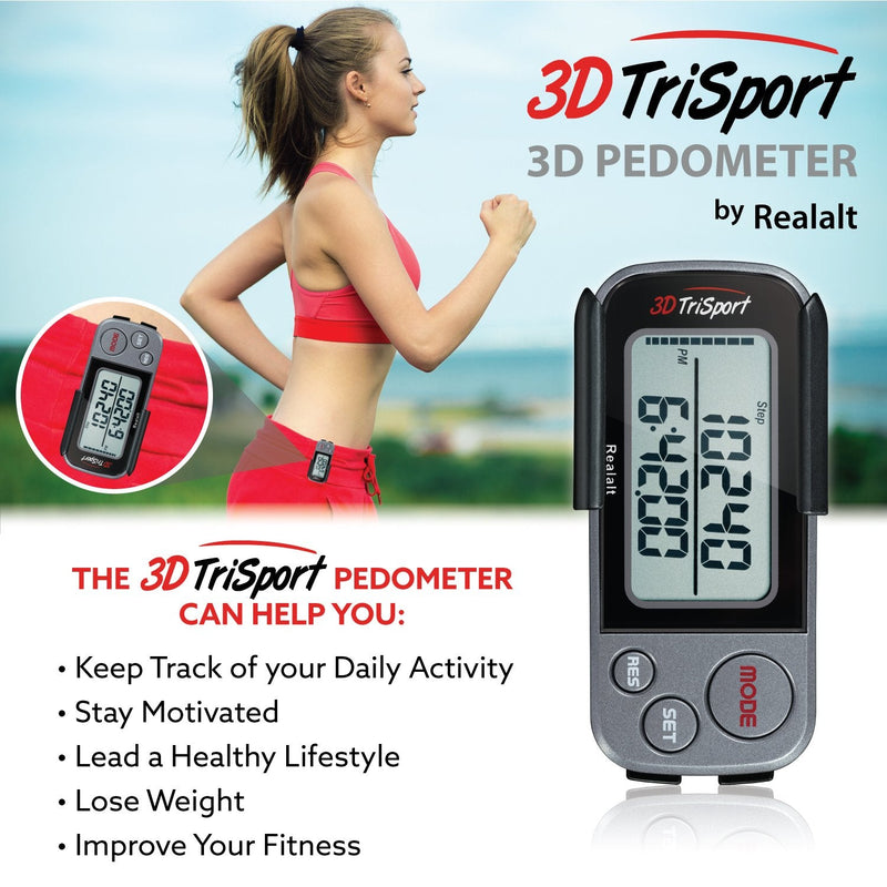 [Australia] - 3DTriSport Walking 3D Pedometer with Clip and Strap, Free eBook | 30 Days Memory, Accurate Step Counter, Walking Distance Miles/Km, Calorie Counter, Daily Target Monitor, Exercise Time. Grey/Black 