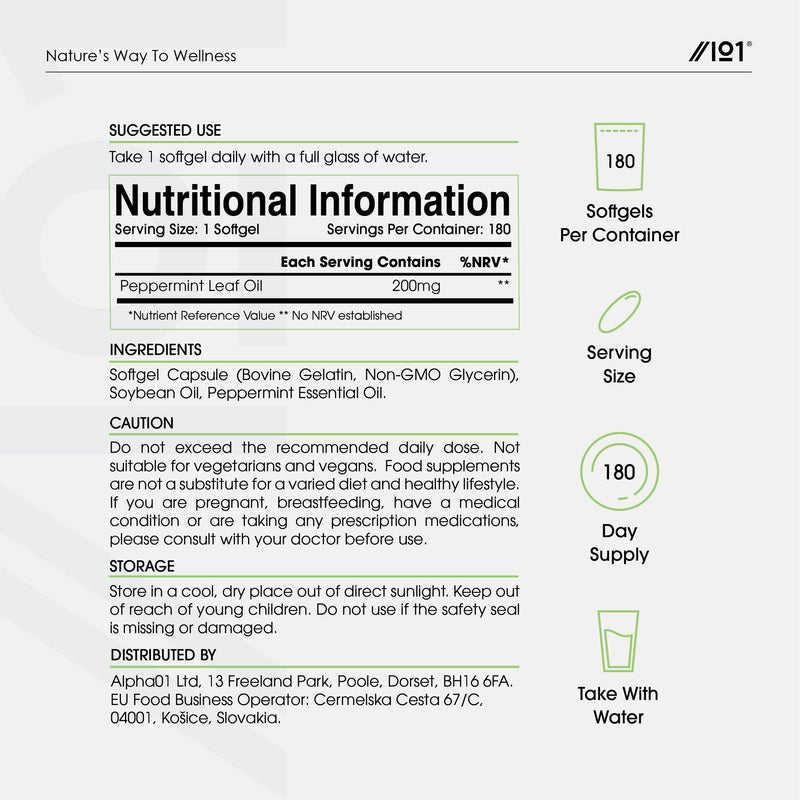 [Australia] - Peppermint Oil 200mg - Cold-Pressed 180 Capsule Softgels (6 Months Supply) - Fast Absorbing & Easy to Digest - 100% Natural Peppermint Oil Digestive Supplement 200mg (180 Count) 