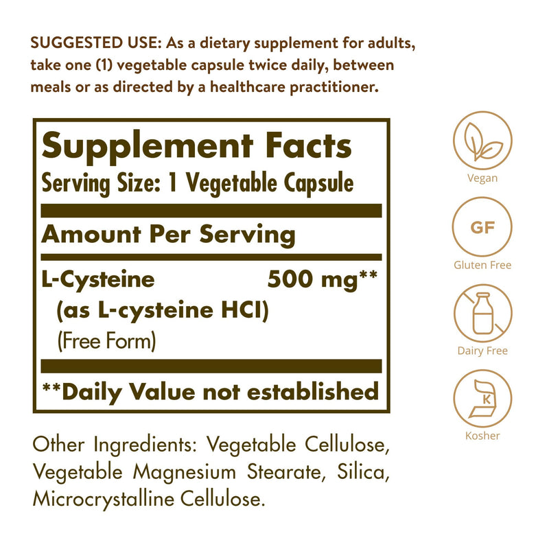 [Australia] - Solgar L-Cysteine 500 mg, 90 Vegetable Capsules - Free Form Amino Acid - Keratin Support for Skin, Hair & Nails - Glutathione Support - Vegan, Gluten Free, Dairy Free, Kosher - 90 Servings 