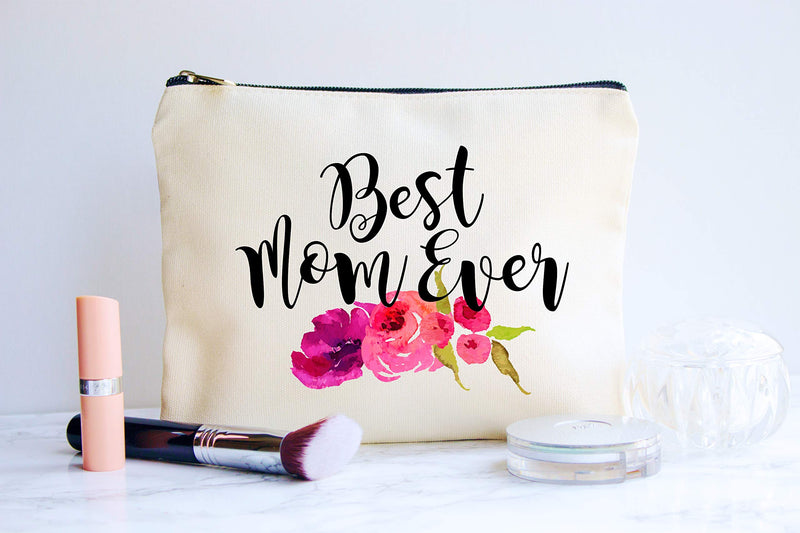 [Australia] - Best Mom Ever Makeup Bag, Gift for Mom, Mother's Day Gift, Cosmetic Bag for Mom, Floral Bag, Travel Makeup Pouch 